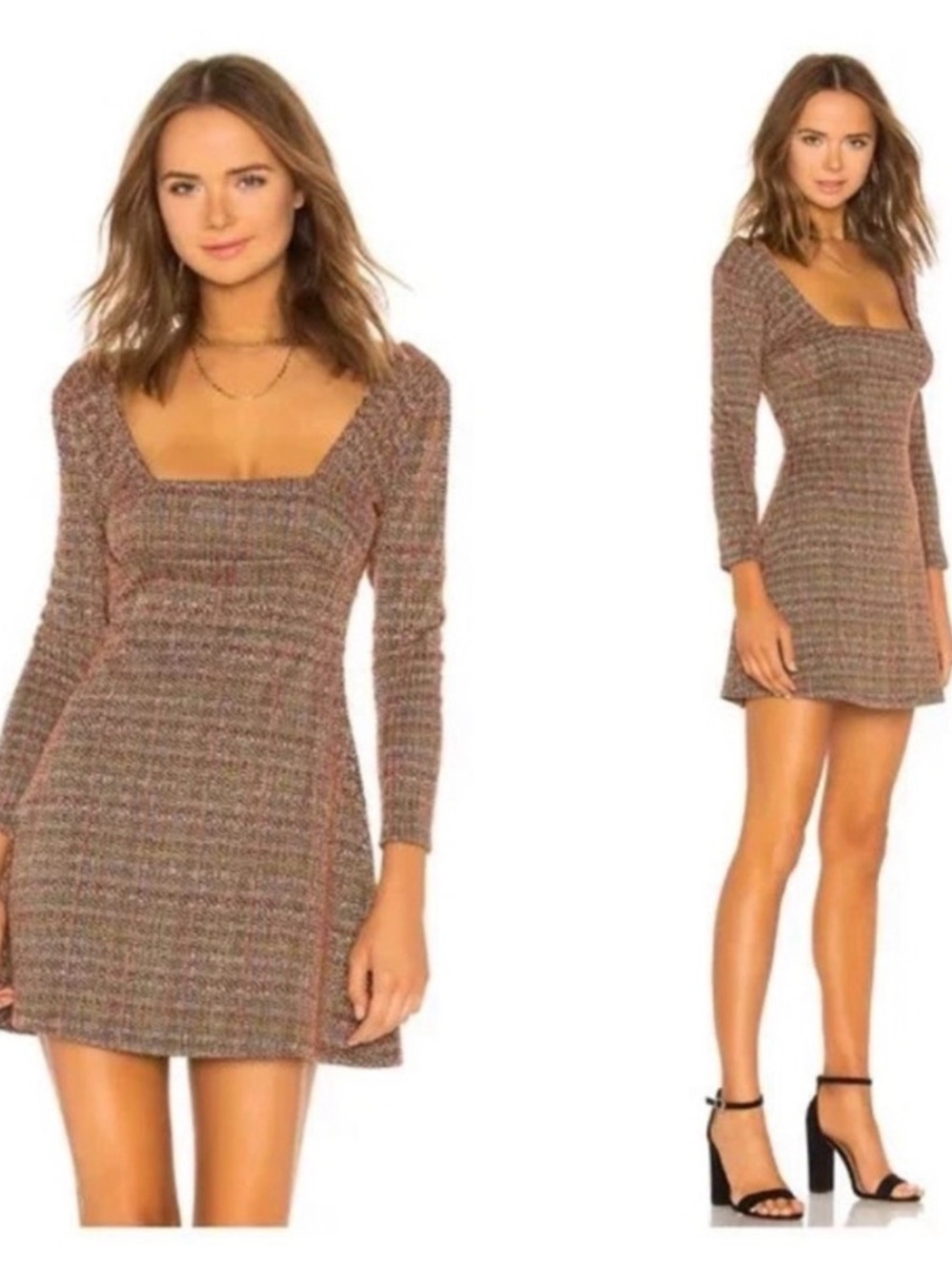 Free People Uptown Girl Brown Multi Knit Square Neck Long Sleeve Mini Dress